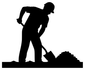 A silhouette of a construction worker digging with a shovel, construction worker, floor, gardener, job, land, man, plow, profile, rake, shovel, tool, against transparent background