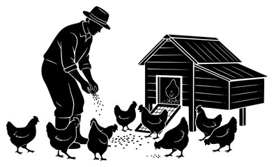 black and white silhouette of a farmer feeding the chickens on the farm  © Alloca Design Studio