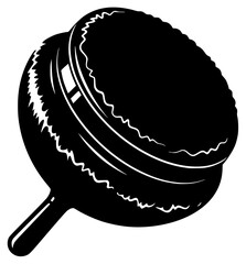 A black and white illustration of a round cookie with a handle, ball, baseball glove, black, brush, cricket, cricket ball, icon, illustration, profile, against transparent background