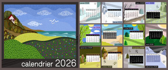 Calendar 2026 in french language. Colorful monthly calendar with various landscapes. Cover and 12 monthly pages. Week starts on Monday, vector illustration. Square pages