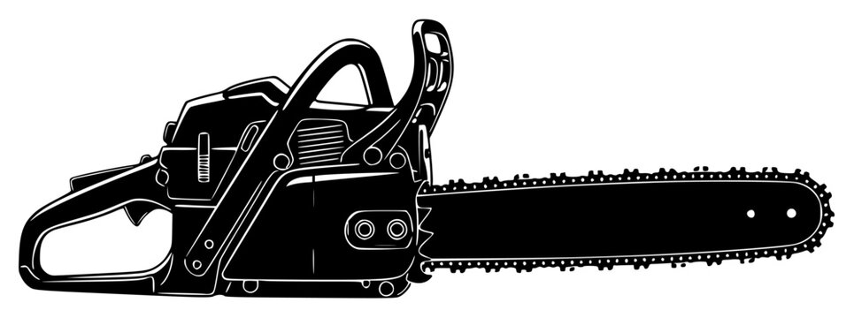 A black and white silhouette of a chainsaw, black, chain saw, equipment, illustration, log, profile, saw, tool, against transparent background