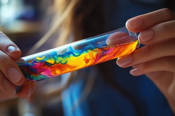 A clear test tube holds vibrant, swirling liquid colors, forming an abstract and dynamic visual during a simple science experiment.