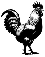 A black and white illustration of a rooster standing confidently, black, cock, illustration, profile, stand, symbol, white, against transparent background