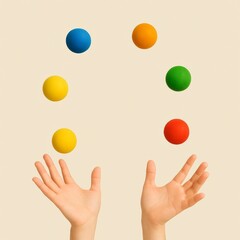 Colorful juggling balls floating above hands on a clean beige background