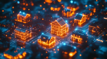 A futuristic glowing smart city digital model with illuminated orange and blue holographic houses, modern technology, innovation, architecture, artificial intelligence, advanced connected urban living