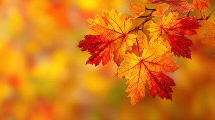 Fototapeta premium Vibrant Autumn Scene: Fresh Red and Yellow Fall Leaves Creating a Seasonal Background with Ample Copy Space