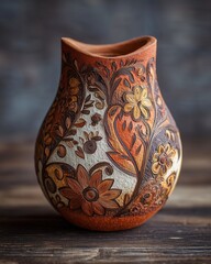 Terracotta vase with intricate raised floral designs in earthy tones sits on rustic wooden surface