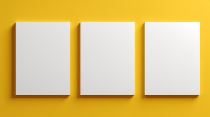 Three blank canvases of the artist on yellow background
