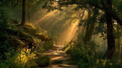 Sunlit path winds through lush forest