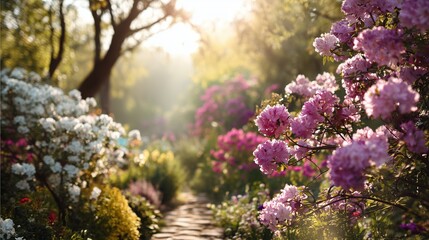 A winding stone trail surrounded by vibrant pink and white blossoms under golden sunlight rays