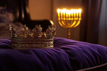 A golden crown rests on a purple cushion near lit candles. A majestic golden crown adorned with purple gems sits elegantly on a plush velvet cushion, illuminated by a glowing menorah.