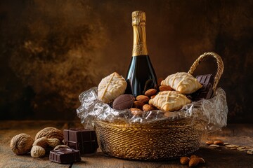 A luxurious gift basket filled with a sparkling wine bottle, various chocolates, and assorted nuts, beautifully arranged on a rustic wooden table with a dark background.