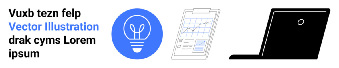 Innovation, productivity, data analysis, business tools, remote work, digital solutions. A light bulb, graph clipboard and laptop. Innovation and productivity in business context
