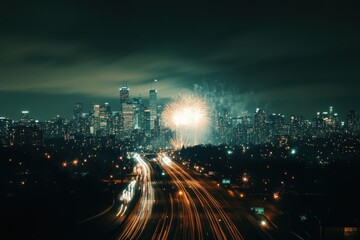 Exploding fireworks illuminate a vibrant city at night, showcasing tall buildings and mesmerizing light trails on a busy freeway.