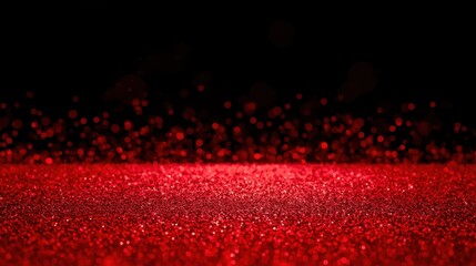 Intense, vibrant red glitter floor or surface sparkling brightly against a solid black background, creating a high-contrast, dramatic, and festive visual effect.