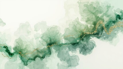 Abstract alcohol ink art featuring smooth plumes of flowing emerald green and pale sage colors, separated by a distinct, central metallic gold vein across a white background.
