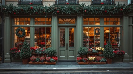 Charming green storefront decorated for holidays with a pine garland above, warm glowing lights inside, and abundant potted red flowers and greenery arranged on the sidewalk.