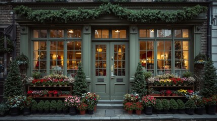 Charming green storefront decorated for holidays with a pine garland above, warm glowing lights inside, and abundant potted red flowers and greenery arranged on the sidewalk.