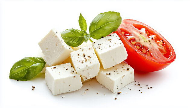 Feta cheese with tomato and basil leaves isolated on white background