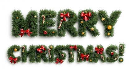 The phrase "MERRY CHRISTMAS!" is spelled out using thick, green, decorative garland or fir branches, adorned with red bows, small gold ornaments, and candy canes, isolated on a white background.