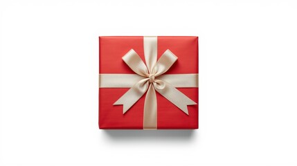 Square gift box wrapped in solid red paper and tied with a wide, matte gold ribbon forming a neat bow at the top center, placed on a clean white background.