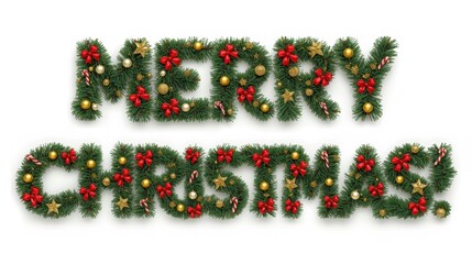 The phrase "MERRY CHRISTMAS!" is spelled out using thick, green, decorative garland or fir branches, adorned with red bows, small gold ornaments, and candy canes, isolated on a white background.