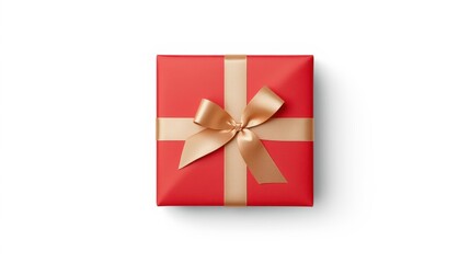 Square gift box wrapped in solid red paper and tied with a wide, matte gold ribbon forming a neat bow at the top center, placed on a clean white background.