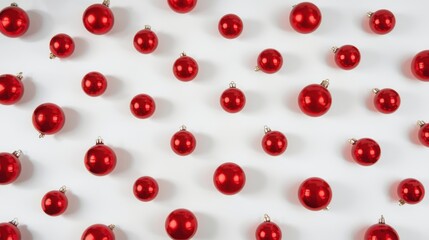 White background covered in a seamless pattern of uniformly arranged red Christmas baubles and ornaments of varying sizes, presented as a minimalist holiday backdrop.