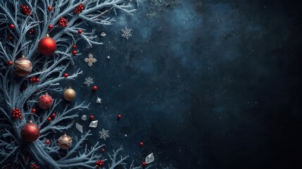 Dark, textured background featuring frosted pine branches, red Christmas ornaments, red berries, and snowflakes, suggesting a festive winter or holiday greeting card design.