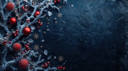 Dark, textured background featuring frosted pine branches, red Christmas ornaments, red berries, and snowflakes, suggesting a festive winter or holiday greeting card design.