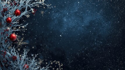 Dark, textured background featuring frosted pine branches, red Christmas ornaments, red berries, and snowflakes, suggesting a festive winter or holiday greeting card design.