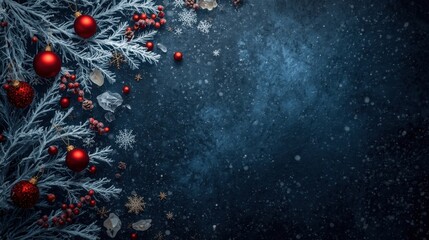 Dark, textured background featuring frosted pine branches, red Christmas ornaments, red berries, and snowflakes, suggesting a festive winter or holiday greeting card design.