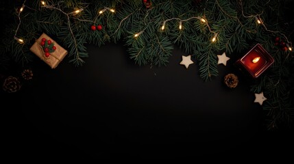 A minimal dark background with a Christmas border along the top, featuring pine branches, warm string lights, small gift boxes, a lit candle, and white star ornaments.