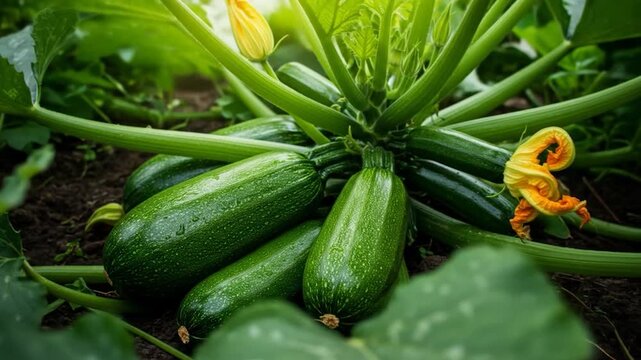 Fresh zucchini growing on the vine with yellow flowers
