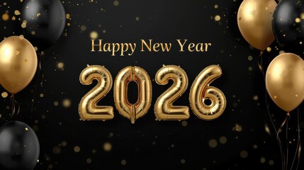 Luxury 3D rendering of giant gold "2026" numbers with glowing reflections on a dark, sparkling surface, framed by golden bokeh lights and "Happy New Year" text.