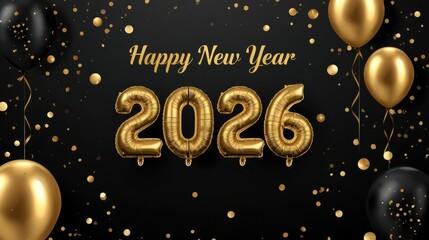 Luxury 3D rendering of giant gold "2026" numbers with glowing reflections on a dark, sparkling surface, framed by golden bokeh lights and "Happy New Year" text.