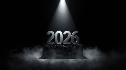 Dramatic 3D rendering of metallic silver "2026" numbers on a stone podium with ground fog, highlighted by a strong overhead spotlight against a black background.