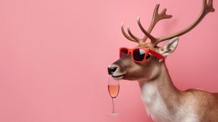 Humorous studio shot of a deer or reindeer wearing red novelty sunglasses and holding a glass of pink champagne on a bright pink background.
