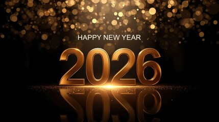 Luxury 3D rendering of "2026" in glowing gold on a dark background, framed by sparkling dust and golden bokeh lights for New Year's Eve.