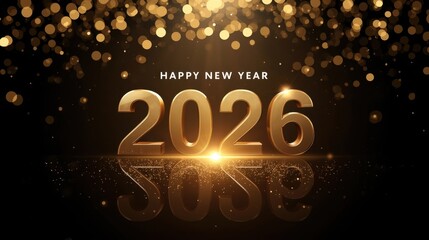 Luxury 3D rendering of "2026" in glowing gold on a dark background, framed by sparkling dust and golden bokeh lights for New Year's Eve.