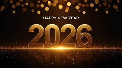 Luxury 3D rendering of "2026" in glowing gold on a dark background, framed by sparkling dust and golden bokeh lights for New Year's Eve.