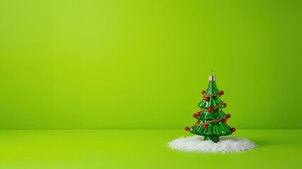 Minimalist studio shot of a tiny decorated Christmas tree on artificial snow against a solid, vibrant lime green background with extensive copy space.