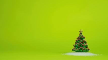 Minimalist studio shot of a tiny decorated Christmas tree on artificial snow against a solid, vibrant lime green background with extensive copy space.
