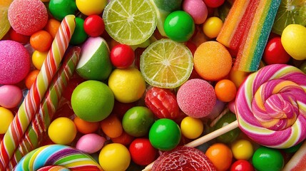 Colorful candy assortment close-up, vibrant sugary treats fun