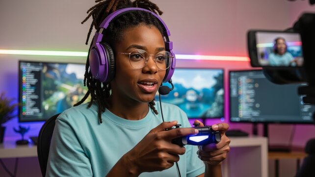 Young Black woman gamer playing video game with controller and headphones. Streamer recording content in neon lit room. Esports concept - Powered by Adobe