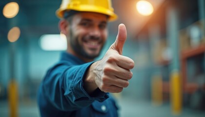 Man in yellow hard hat gives thumbs up gesture. Worker wears blue work clothes inside industrial building, smiling happily. Represents approval or great job.