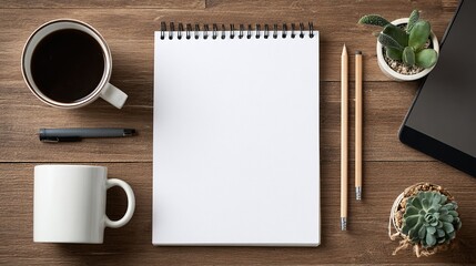 Top view of desk with blank notebook, coffee, pen, pencils