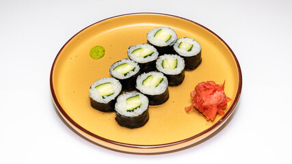 Hosomaki, a thin sushi roll, photographed on a white background, perfect for Japanese cuisine menus, food photography, and restaurant promotions.