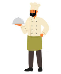 Chef. Brown hair wearing white chef hat, jacket and a green apron. Man smiling and holding silver platter with gray dome lid.
