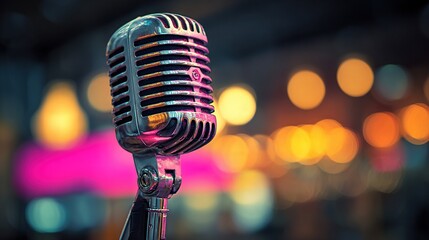 Classic microphone with vibrant bokeh performance lighting